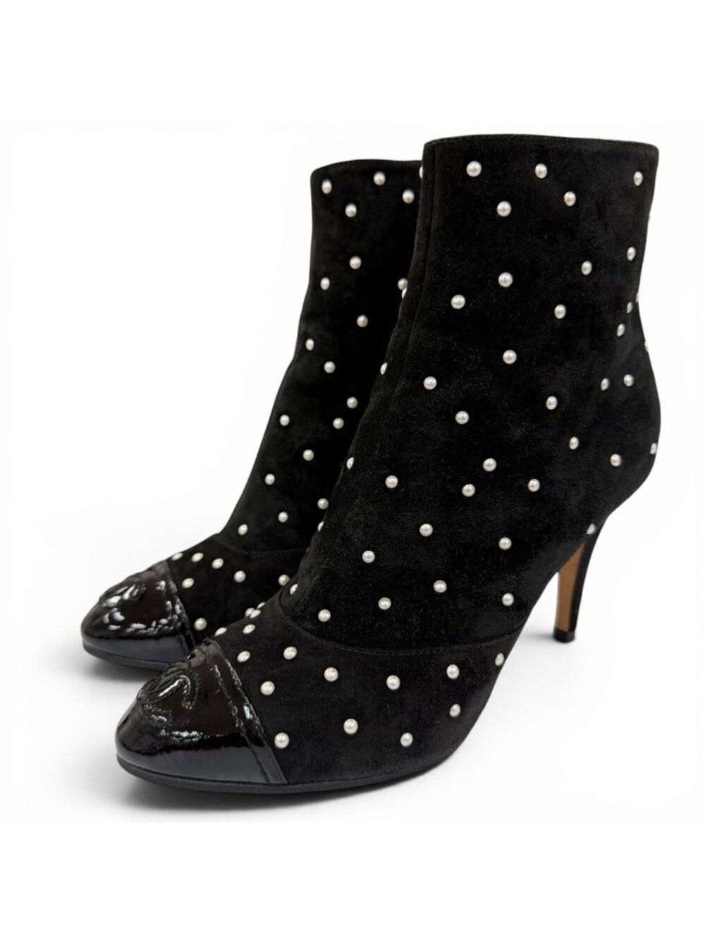 Chanel Suede Leather CC Logo Pearl Decoration Ankle Boots Black